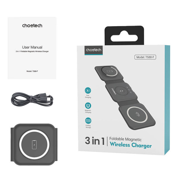 Choetech T588-F 3in1 magnetinis belaidis įkroviklis 15W juodas