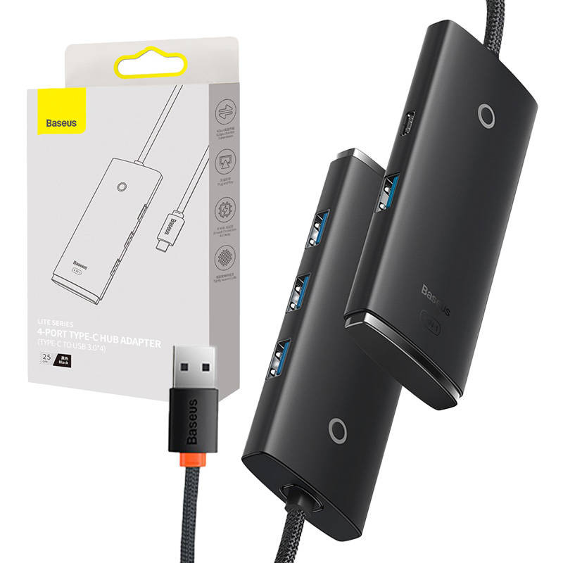 HUB adapteris 4 prievadų USB-C Baseus OS-Lite 25 cm juodas HUB adapteris 4 prievadų USB-C Baseus OS-Lite 25 cm juodas
