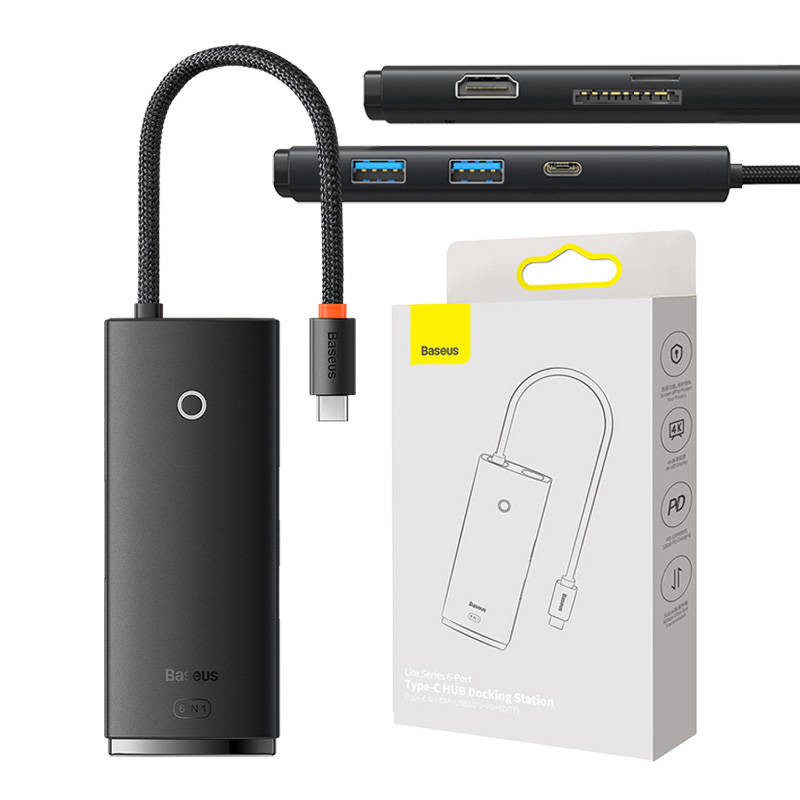 „Hub Baseus OS Lite“ 6 prievadų C tipo iki HDMI+USB302+PD+SD/TF juodas „Hub Baseus OS Lite“ 6 prievadų C tipo iki HDMI+USB302+PD+SD/TF juodas