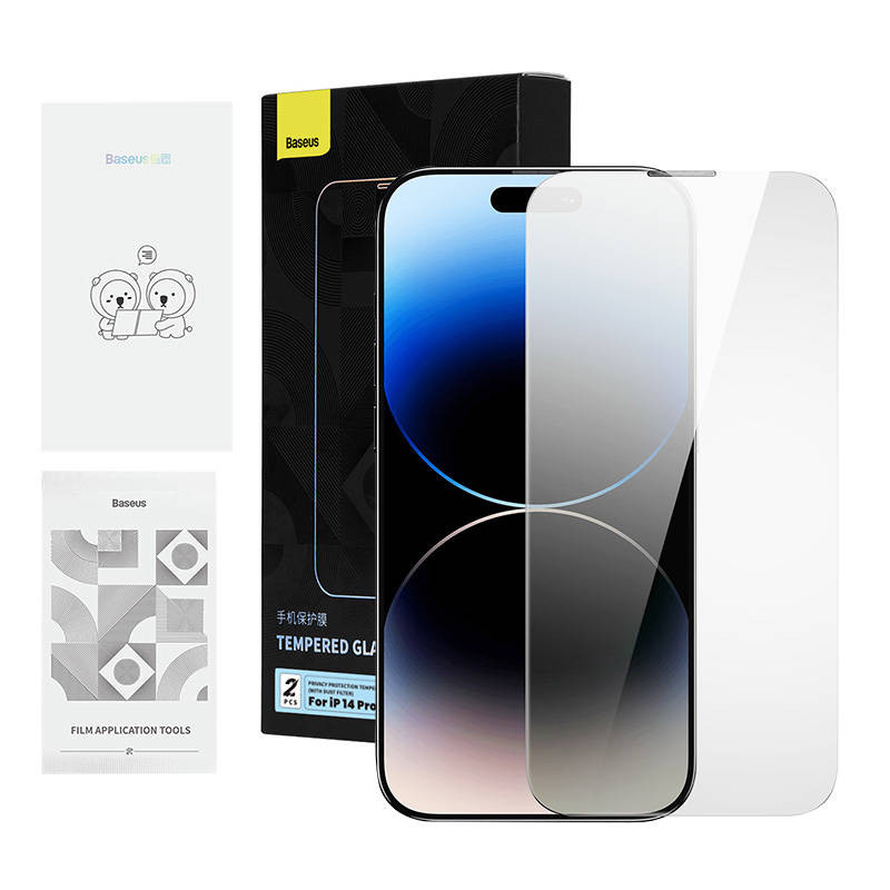 Privatus grūdintas stiklas Baseus Iphone 14 Pro Max 2 vnt su 2 valymo rinkiniais ir dulkėms atspariu montavimo įran Privatus grūdintas stiklas Baseus Iphone 14 Pro Max 2 vnt su 2 valymo rinkiniais ir dulkėms atspariu montavimo įran