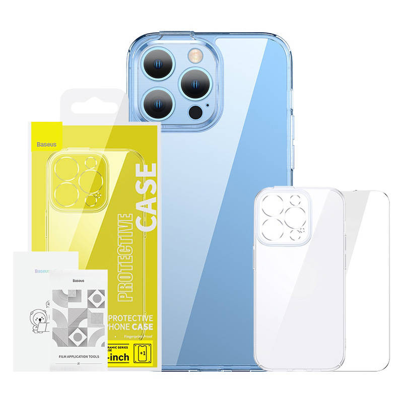 „Baseus SuperCeramic“ permatomo stiklo dėklas ir grūdinto stiklo rinkinys skirtas „iPhone 14 Plus“ „Baseus SuperCeramic“ permatomo stiklo dėklas ir grūdinto stiklo rinkinys skirtas „iPhone 14 Plus“