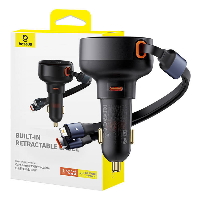 Automobilinis įkroviklis Baseus Enjoyment USB-C su USB-C laidu ir Lightning 60W juodas Automobilinis įkroviklis Baseus Enjoyment USB-C su USB-C laidu ir Lightning 60W juodas