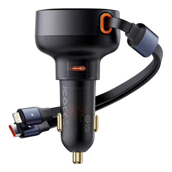 Automobilinis įkroviklis Baseus Enjoyment USB-C su USB-C laidu ir Lightning 60W juodas