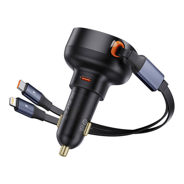 Automobilinis įkroviklis Baseus Enjoyment USB-C su USB-C laidu ir Lightning 60W juodas