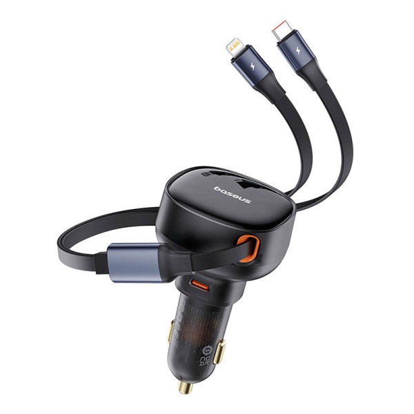 Automobilinis įkroviklis Baseus Enjoyment USB-C su USB-C laidu ir Lightning 60W juodas