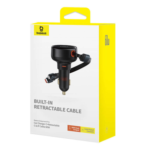 Automobilinis įkroviklis Baseus Enjoyment USB-C su USB-C laidu ir Lightning 60W juodas