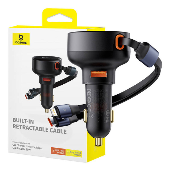 Automobilinis įkroviklis Baseus Enjoyment USB su USB-C laidu ir Lightning 60W juodas