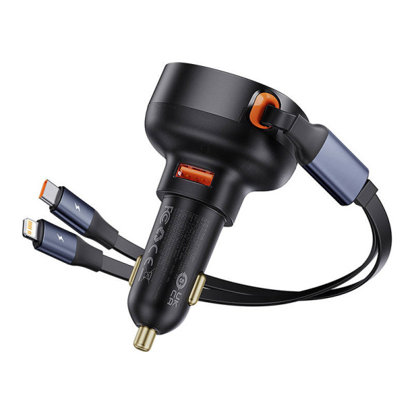 Automobilinis įkroviklis Baseus Enjoyment USB su USB-C laidu ir Lightning 60W juodas