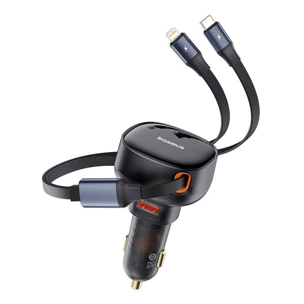Automobilinis įkroviklis Baseus Enjoyment USB su USB-C laidu ir Lightning 60W juodas