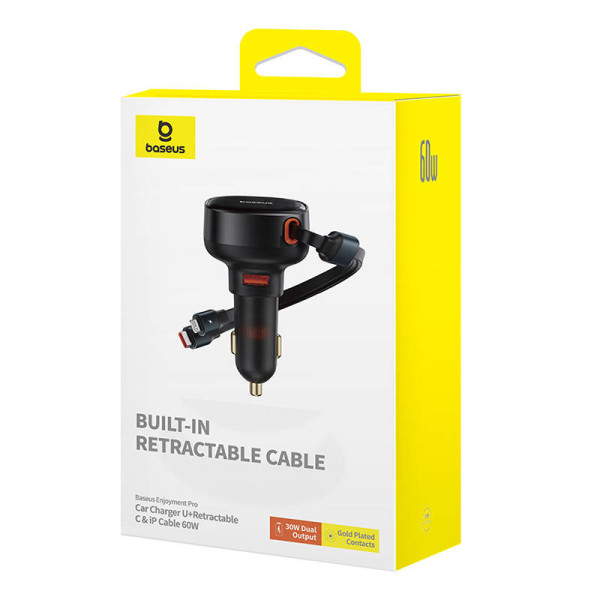 Automobilinis įkroviklis Baseus Enjoyment USB su USB-C laidu ir Lightning 60W juodas