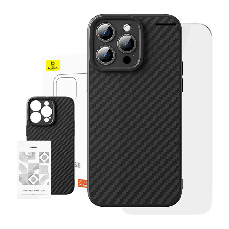 Dėklas Baseus sintetinio pluošto iPhone 15 Pro + grūdintas stiklas Dėklas Baseus sintetinio pluošto iPhone 15 Pro + grūdintas stiklas