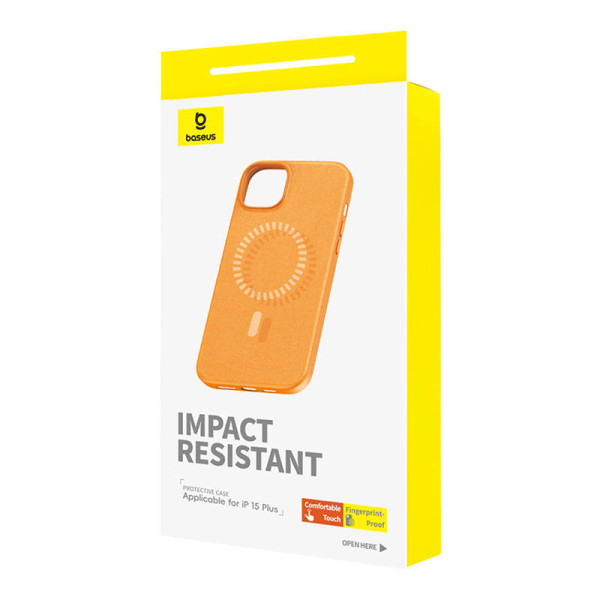 Magnetinis telefono dėklas skirtas iPhone 15 Plus Baseus Fauxther serijai oranžinė