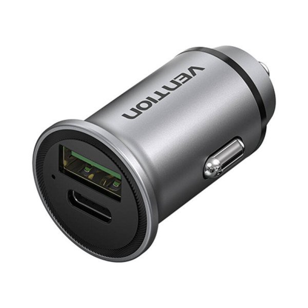 Dviejų prievadų automobilinis įkroviklis USB-A USB-C ventiliacija FFBH0 18/20W pilka