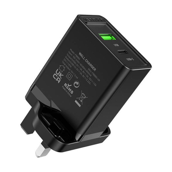 USB-A USB-C sieninio įkroviklio ventiliacija FBBB0-UK 18W/20W UK juoda