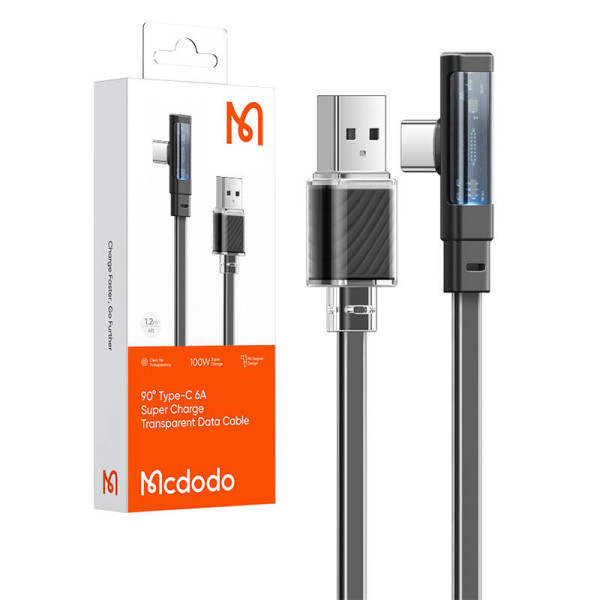 Kabelis iš USB-C į USB-C Mcdodo CA-3423 90 laipsnių 18 m su šviesos diodu juodas