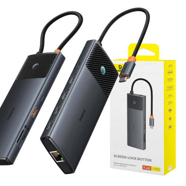 Adapter Hub 10in1 Baseus USB-C – 2xHDMI 3xUSB-A USB-C RJ45 SD/TF PD juoda