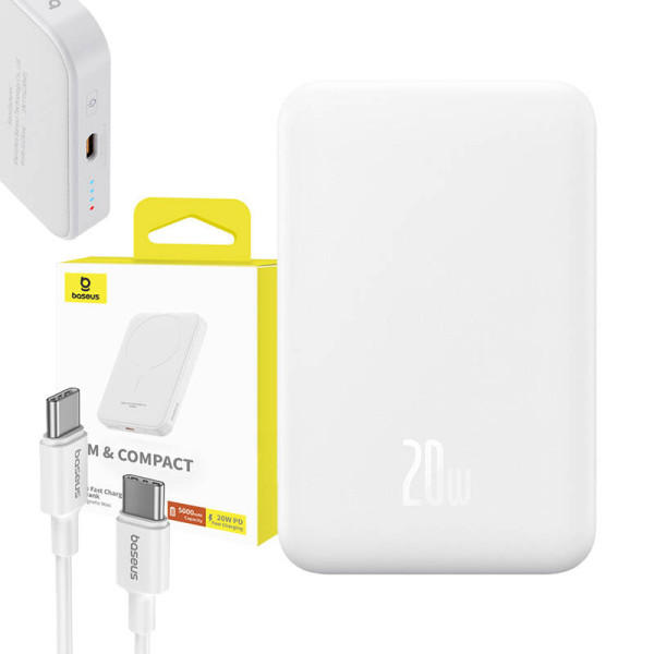 Magnetinis Mini Powerbank Baseus 5000mAh USB-C 20W balta