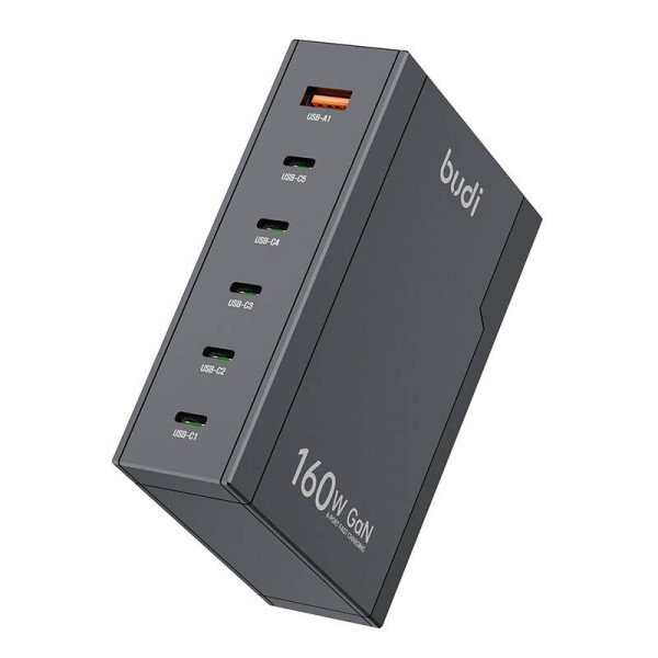 Universalus sieninis įkroviklis Budi 350 GaN PD+ QC30 5xUSB-C+1xUSB-A 160W JAV / JK / ES juoda