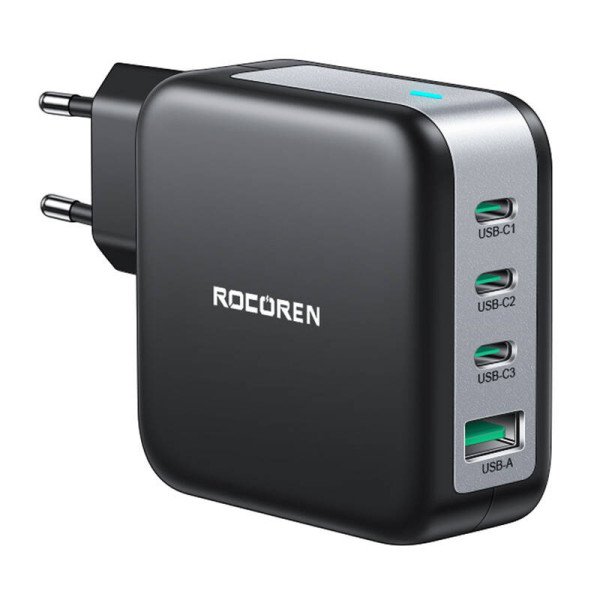 Sieninis įkroviklis GaN Rocoren 3x USB-C 1x USB Power Delivery 30 100W juoda