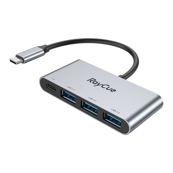 RayCue keturi viename šakotuvas USB-C iki 3x USB-A 30 5Gbps + PD 30 100W pilka