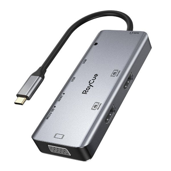 Hub 9in1 RayCue USB-C iki 2x USB-A 30 5Gbps + 2x SD/TF 30 + 2x HDMI 4K30Hz + VGA 1080p + lizdas 35 mm + PD 30 100 W 