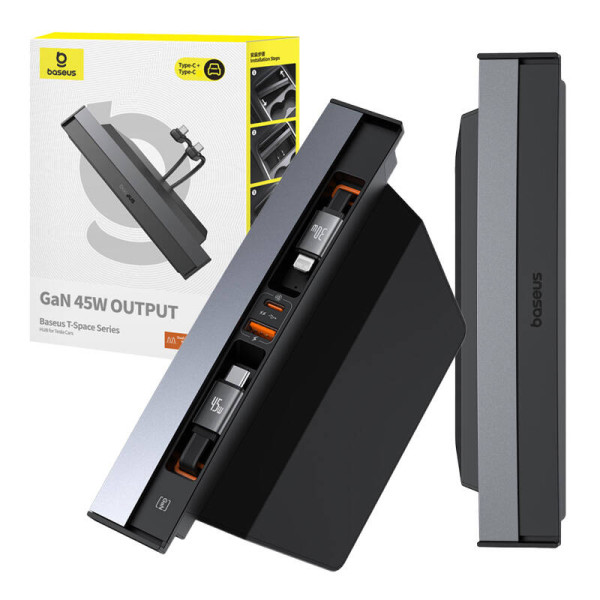 Hub Baseus T-Space su USB-C ir žaibo laidais skirtais Tesla automobiliams juodas