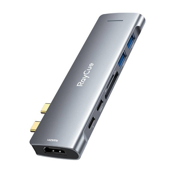 Hub 7w2 RayCue USB-C iki 2x USB-A 30 5Gbps + SD/TF 30 + USB-C+ HDMI 4K30Hz pilka