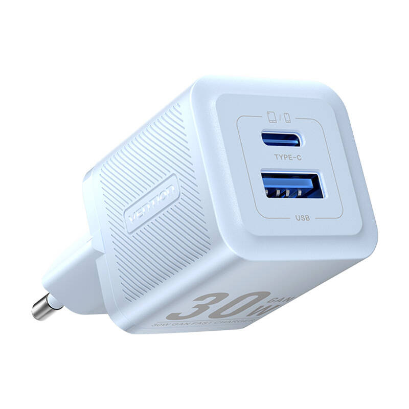 Sieninis įkroviklis ventiliacija FEQL0-EU USB-C + USB-A 30W/30W GaN mėlyna Sieninis įkroviklis ventiliacija FEQL0-EU USB-C + USB-A 30W/30W GaN mėlyna