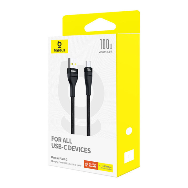 Įkrovimo kabelis Baseus Flash 2 USB į USB-C 100W 2m juodas