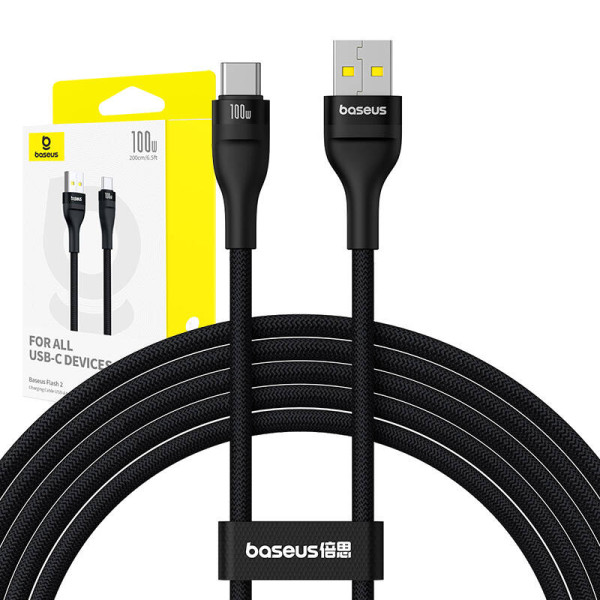 Įkrovimo kabelis Baseus Flash 2 USB į USB-C 100W 2m juodas