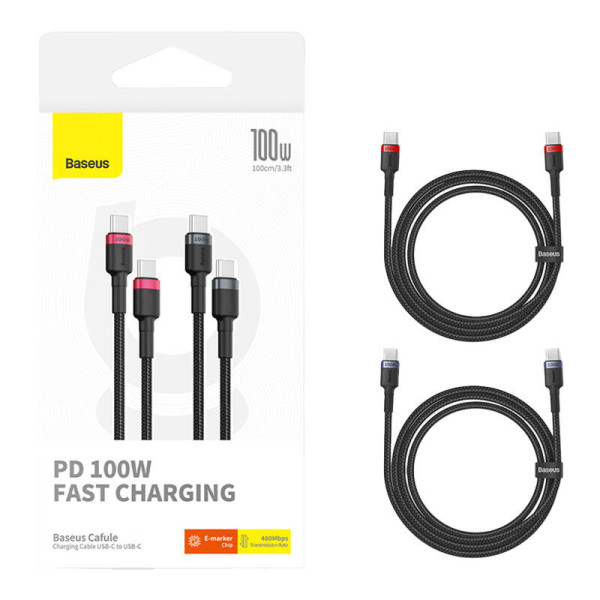 Kabelis Baseus Cafule USB-C į USB-C 100W 1m 2 vnt raudona juoda pilka juoda