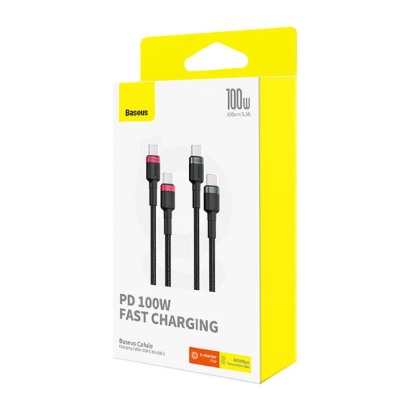 Kabelis Baseus Cafule USB-C į USB-C 100W 1m 2 vnt raudona juoda pilka juoda