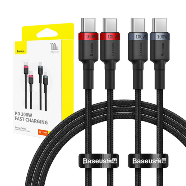 Kabelis Baseus Cafule USB-C į USB-C 100W 1m 2 vnt raudona juoda pilka juoda
