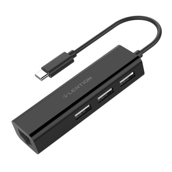 „Lention Hub“ USB-C į 3x USB 20 + Ethernet adapteris juodas