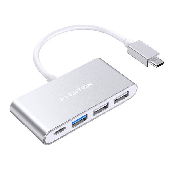 „Lention 4in1 Hub“ USB-C prie USB 30 + 2x USB 20 + USB-C sidabro spalvos