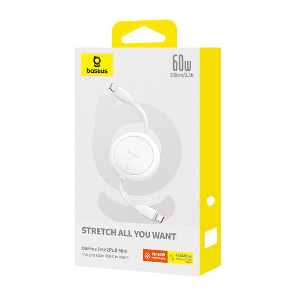 Baseus Free2Pull Mini USB-C į USB-C USB laidas 60 W 1 balta