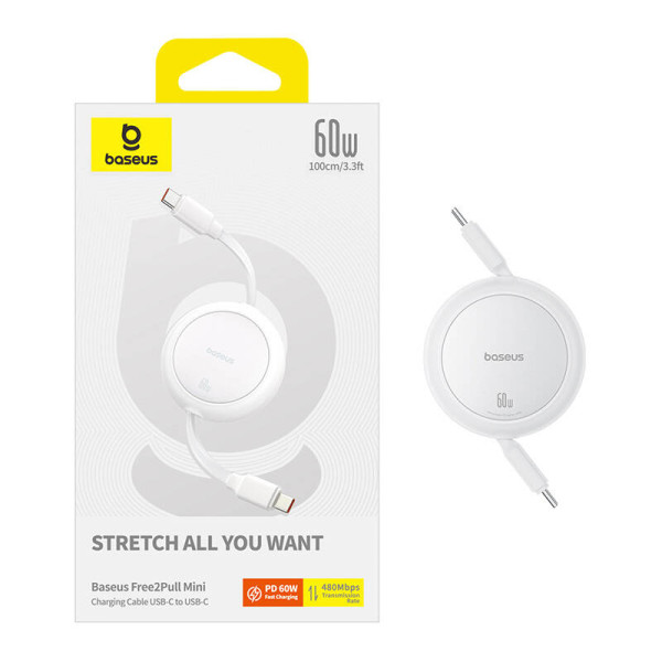 Baseus Free2Pull Mini USB-C į USB-C USB laidas 60 W 1 balta