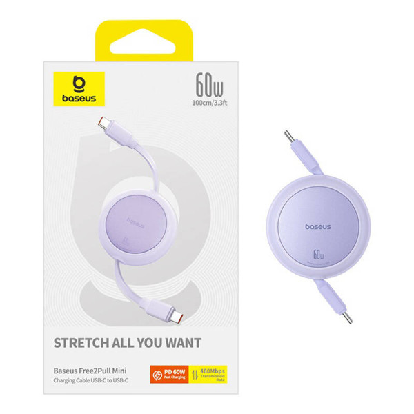 Baseus Free2Pull Mini USB-C į USB-C 60 W USB laidas 1 m violetinė