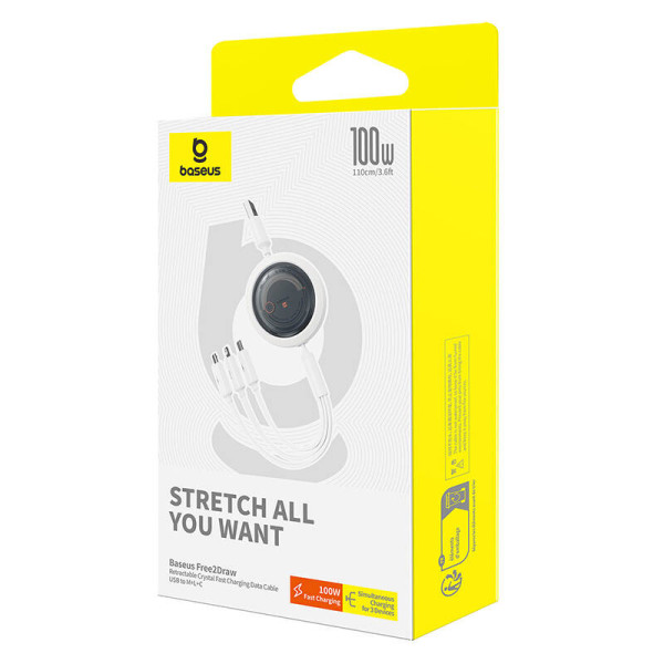 Trys viename „Baseus Free2Draw“ USB į M+L+C 100 W laidas 11 m baltas