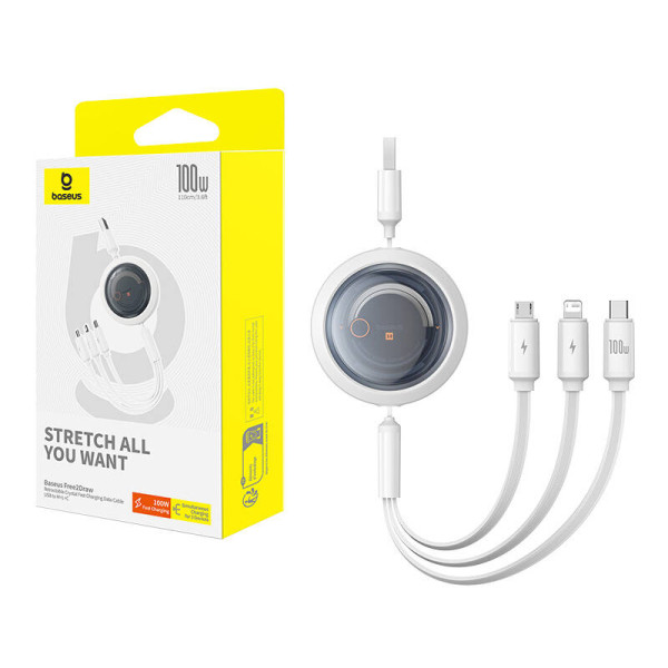 Trys viename „Baseus Free2Draw“ USB į M+L+C 100 W laidas 11 m baltas