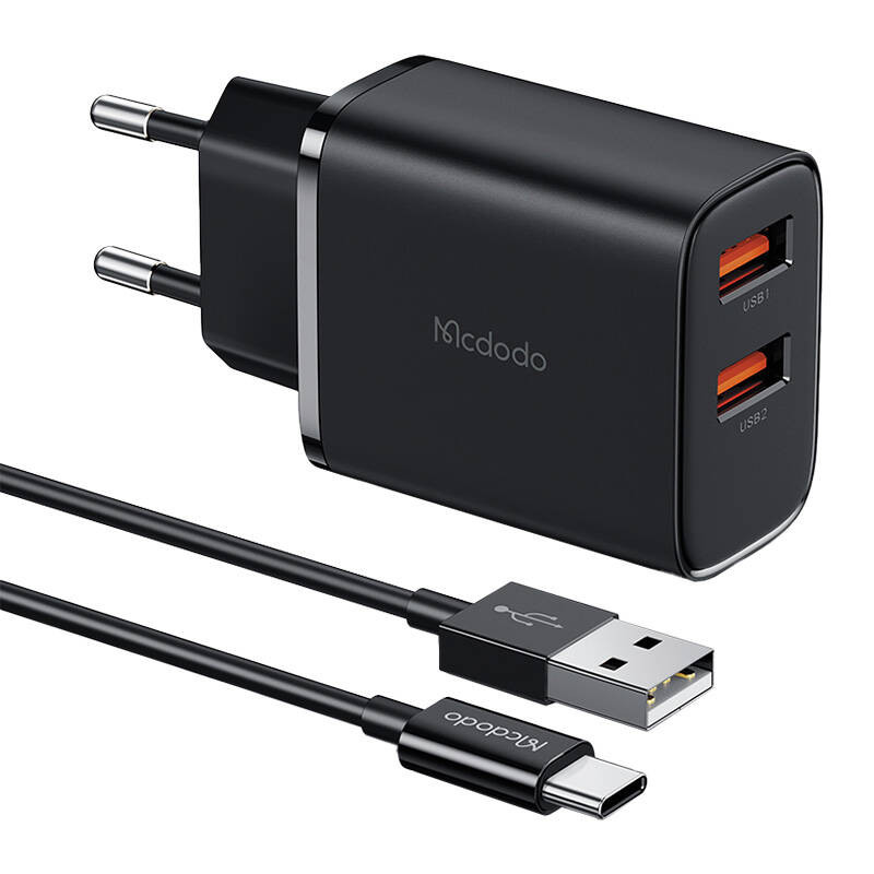 Mcdodo CH-5072 USB-A2 12 W maitinimo įkroviklis + USB-A į USB-C laidas juodas Mcdodo CH-5072 USB-A2 12 W maitinimo įkroviklis + USB-A į USB-C laidas juodas