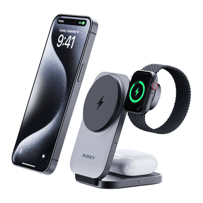 Magnetinis belaidis įkroviklis 3 viename MagFusion Aukey LC-MC312 15 W Qi2 pilka Magnetinis belaidis įkroviklis 3 viename MagFusion Aukey LC-MC312 15 W Qi2 pilka
