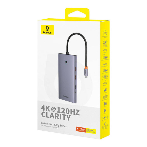 Hub 13in1 Baseus PortalJoy USB-C prie HDMI+DP+VGA+C+USB+PD+RJ45+SD/TF+35 mm pilka