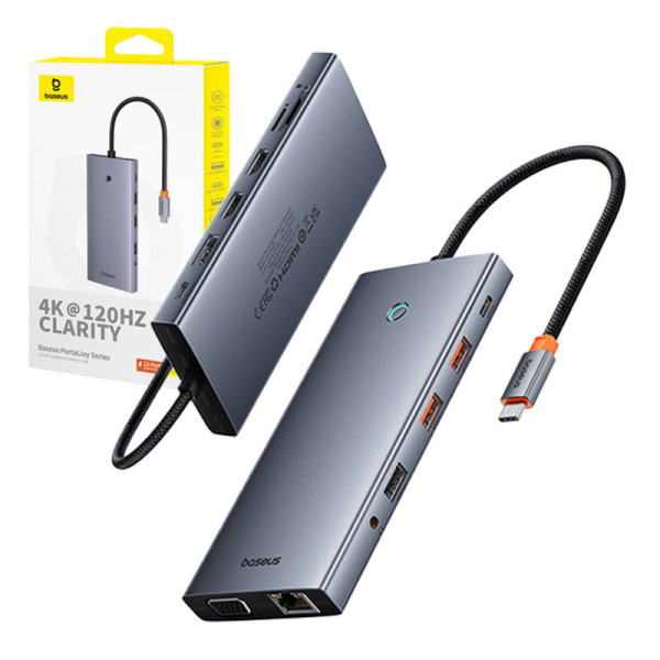 Hub 13in1 Baseus PortalJoy USB-C prie HDMI+DP+VGA+C+USB+PD+RJ45+SD/TF+35 mm pilka