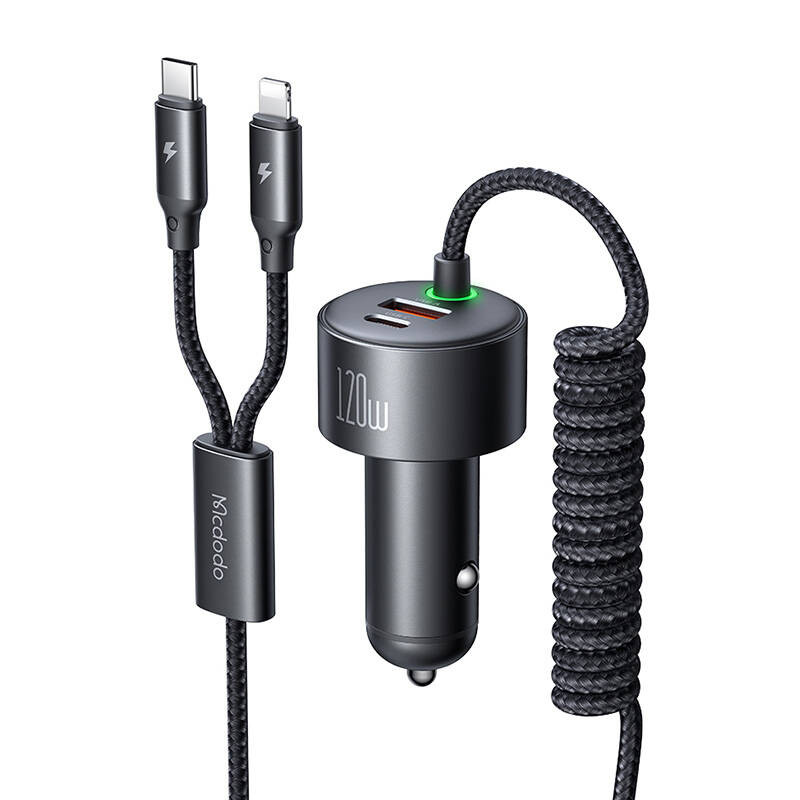 „McDodo CC-0370“ automobilių įkroviklis USB-C „Lightning“ 120 W ištraukiami kabeliai „McDodo CC-0370“ automobilių įkroviklis USB-C „Lightning“ 120 W ištraukiami kabeliai