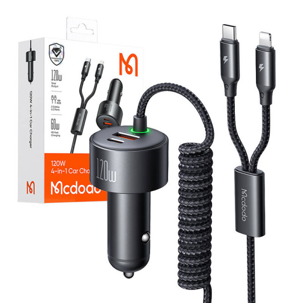 „McDodo CC-0370“ automobilių įkroviklis USB-C „Lightning“ 120 W ištraukiami kabeliai