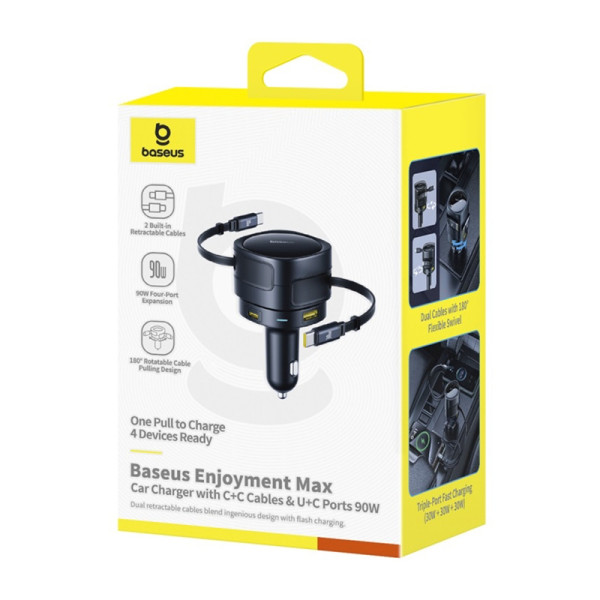 „BaseUS“ malonumas Maksimalus automobilio įkroviklis su USB-C+USB-C kabeliais ir USB-A+USB-C prievadais 90W juoda