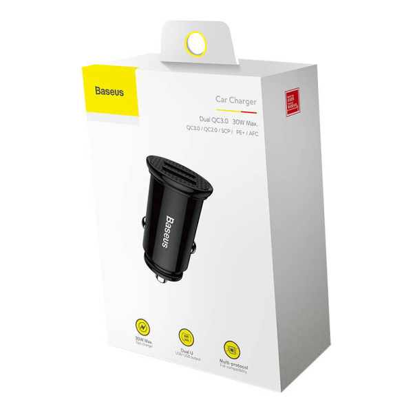 Baseus Circular 2xUSB QC30 5A 30W automobilinis įkroviklis juodas