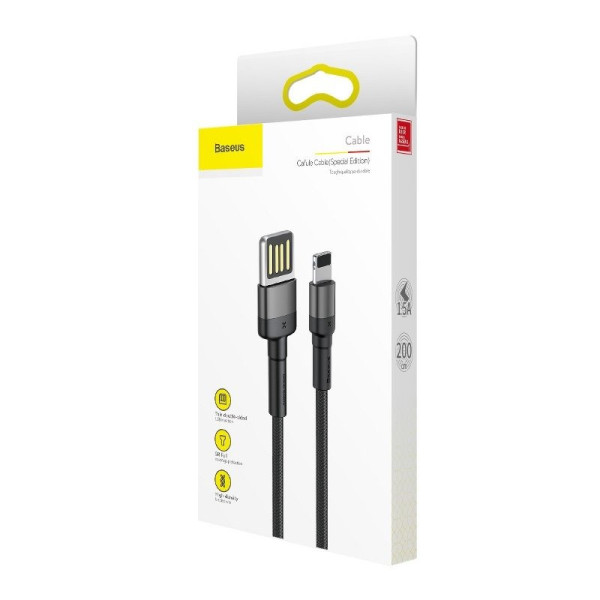 „Baseus Cafule“ dvipusis USB žaibo kabelis 15 A 2 m pilkas + juodas