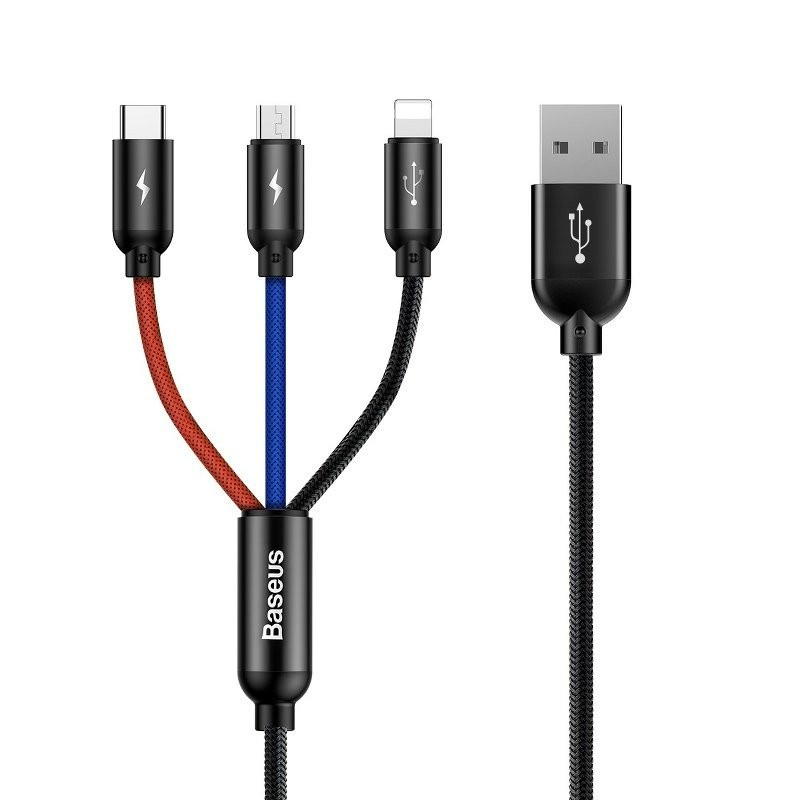 „Baseus Rapid“ USB laidas „3in1“ tipo C / „Lightning“ / „Micro 3A 12M“ – juodas „Baseus Rapid“ USB laidas „3in1“ tipo C / „Lightning“ / „Micro 3A 12M“ – juodas